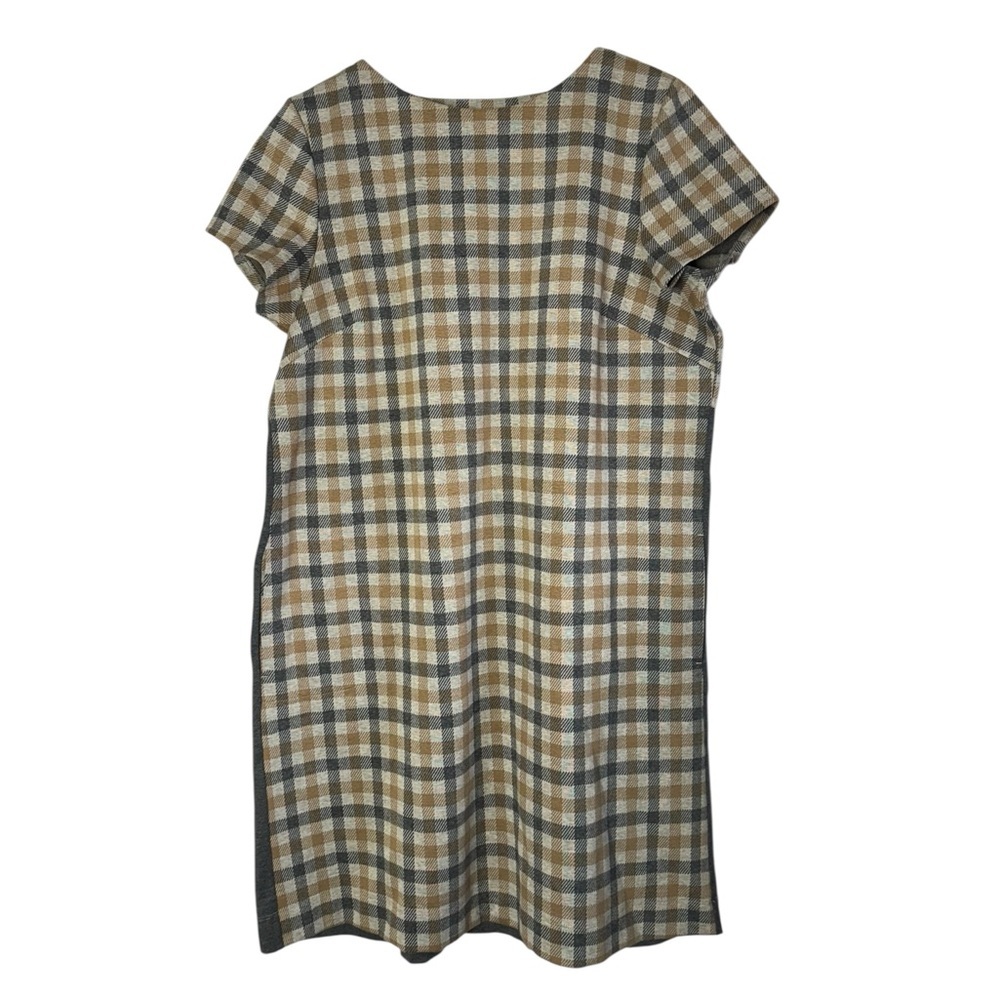 J Jill Plaid Academia Short Sleeves Pocket Knit Gray Tan Midi Dress Sz Large